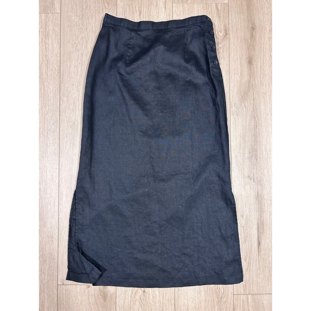 JM Collection Navy Blue 100% Linen Maxi Skirt Side Button Elastic Waist Size 6